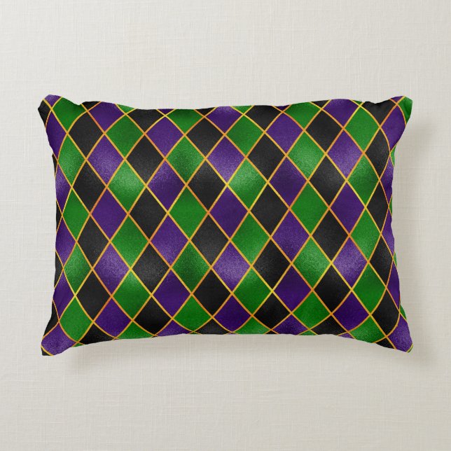 GREEN PURPLE BLACK GOLD DIAMOND PATTERNS DECORATIVE CUSHION (Front)