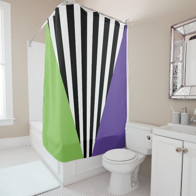 Green Purple Black & White Whimsical Stripes Shower Curtain (In Situ)