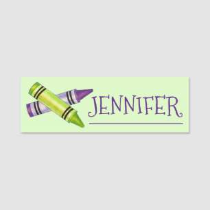 Green Purple Crayons School Art Supplies Teacher Name Tag