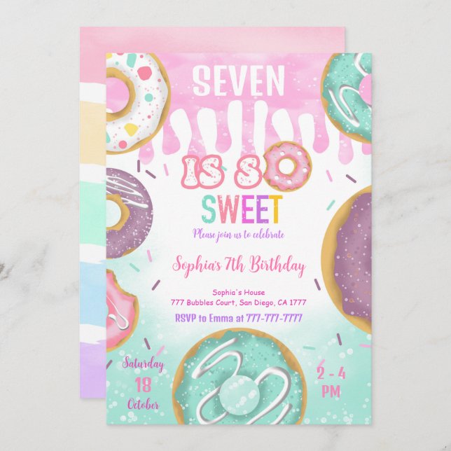 Green & Purple Doughnut Birthday Party Invitation (Front/Back)