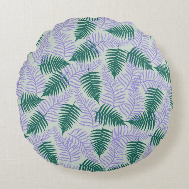 Green Purple Fern Leaves Retro 70s Flower Pattern Round Cushion (Front)