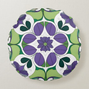 Green Purple Floral Medallion Botanical Geometric Round Cushion
