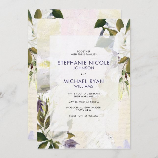 Green Purple Floral Oil on Canvas Wedding Invite (Front/Back)