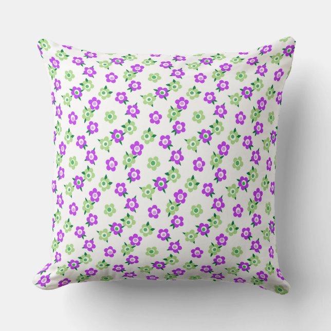 Green purple floral pattern retro sixties cushion (Front)