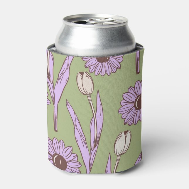 Green Purple Floral Watercolor Botanical Drink Can Cooler (Can Front)