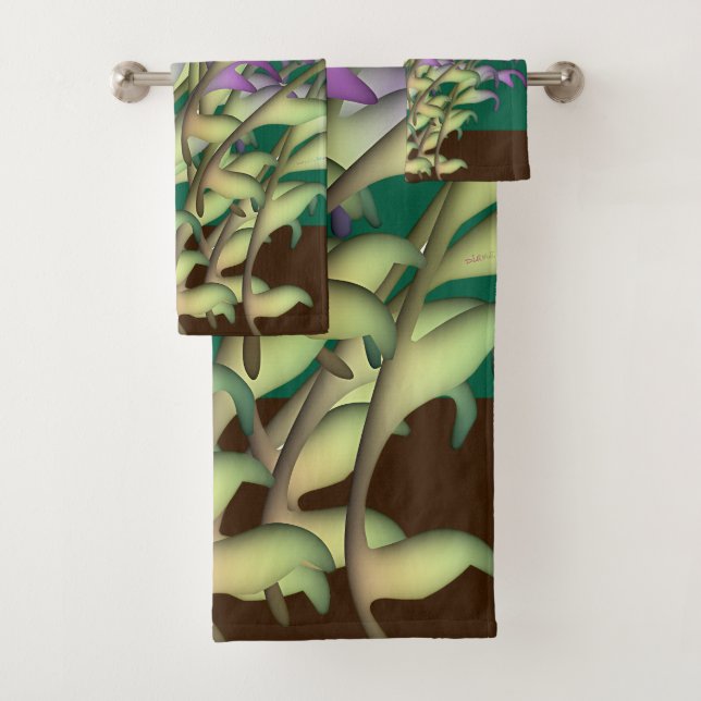 Green + Purple Foliage  Green  Bath Towel Set (Insitu)