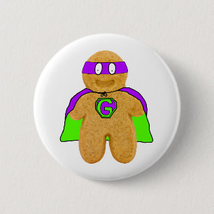 green/purple gingerbread man super hero badge