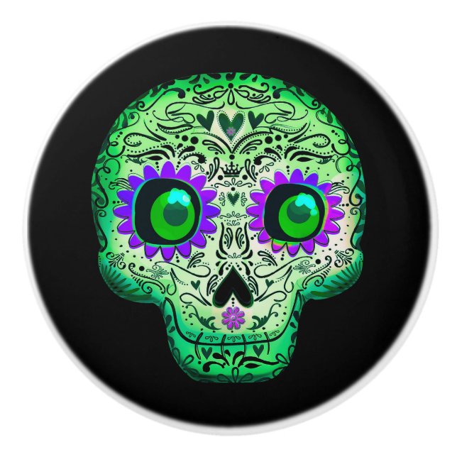Green & Purple Glowing Sugar Skull Black Halloween Ceramic Knob (Front)