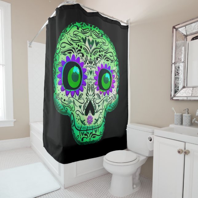 Green & Purple Glowing Sugar Skull Black Halloween Shower Curtain (In Situ)