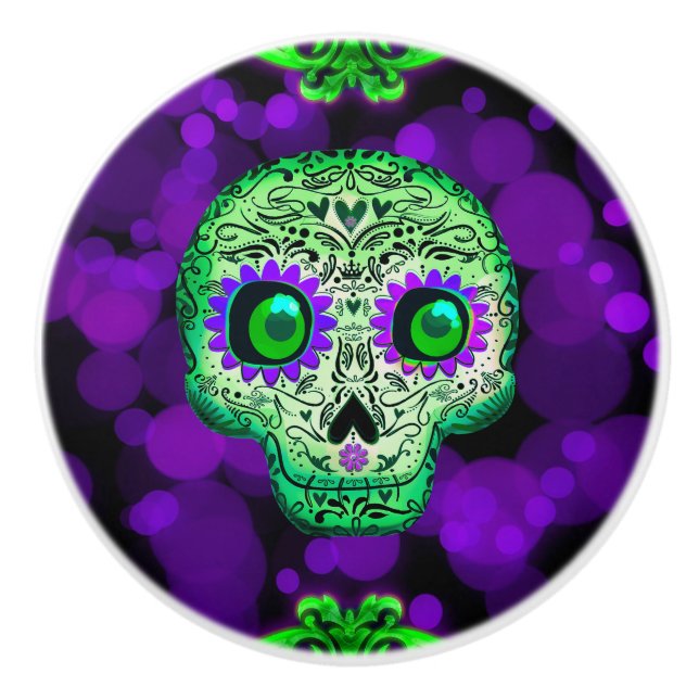 Green & Purple Glowing Sugar Skull Halloween Ceramic Knob (Front)