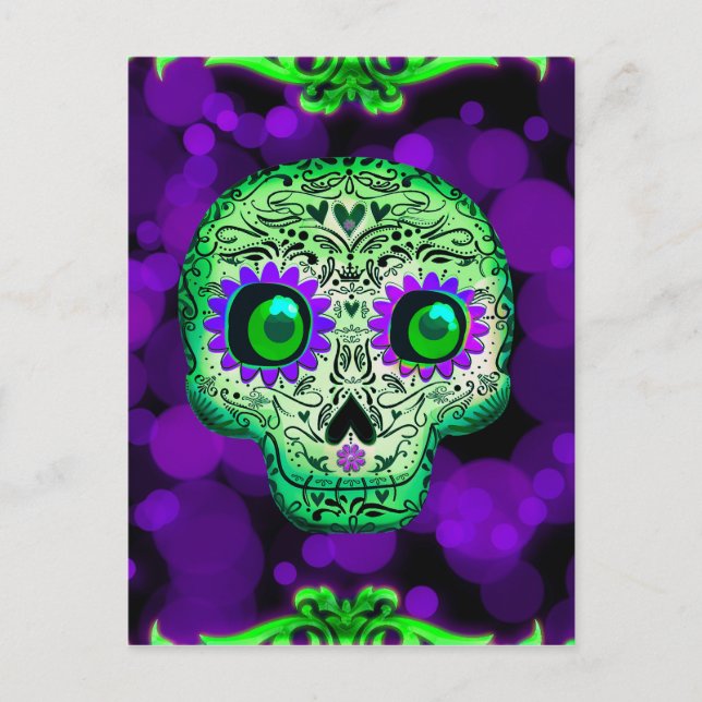 Green & Purple Glowing Sugar Skull Halloween Party Postcard (Front)