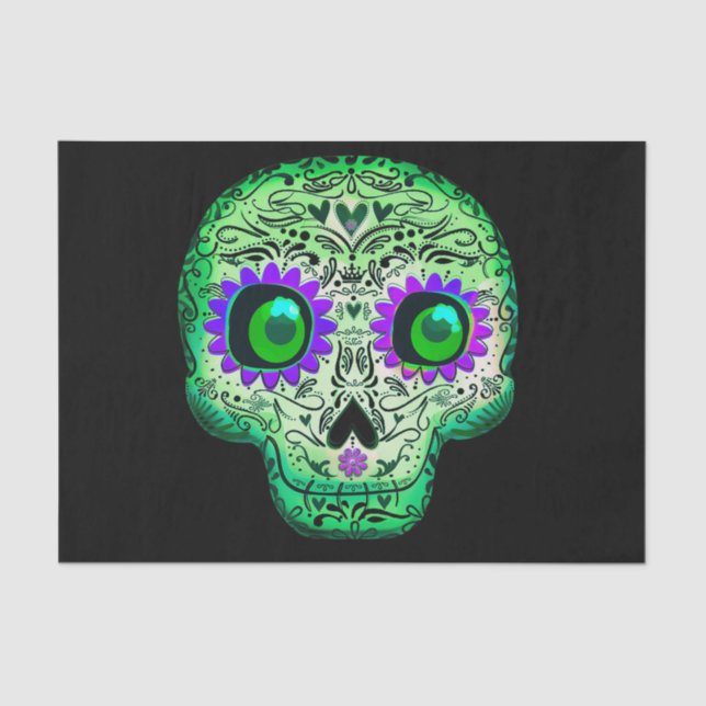 Green & Purple Glowing Sugar Skull Halloween Tissue Paper (Front)