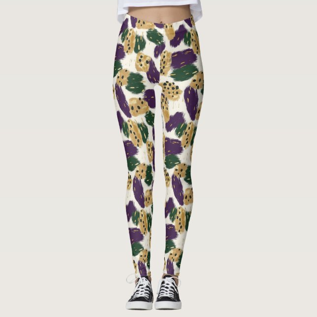 Green Purple Gold Brushstrokes  Pattern  Leggings (Front)