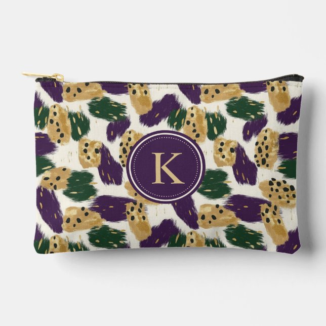 Green Purple Gold Brushstrokes  Pattern Monogram Accessory Pouch (Front)
