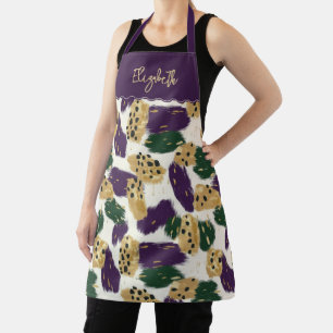 Green Purple Gold Brushstrokes Pattern Monogram Apron