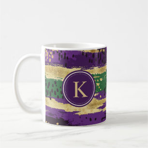 Green Purple Gold Brushstrokes Pattern Monogram Coffee Mug