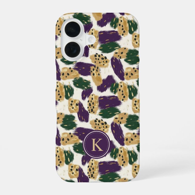 Green Purple Gold Brushstrokes  Pattern Monogram iPhone 16 Case (Back)