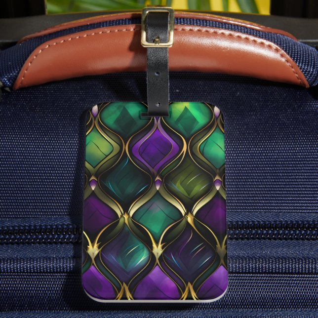 GREEN PURPLE GOLD DIAMOND PATTERNS LUGGAGE TAG (Front Insitu 2)