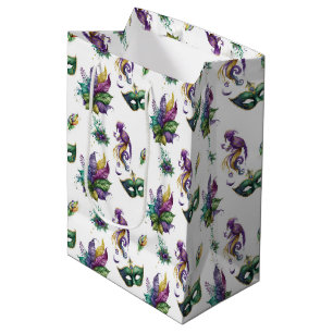 GREEN PURPLE GOLD MARDI GRAS MASKS & FEATHERS MEDIUM GIFT BAG