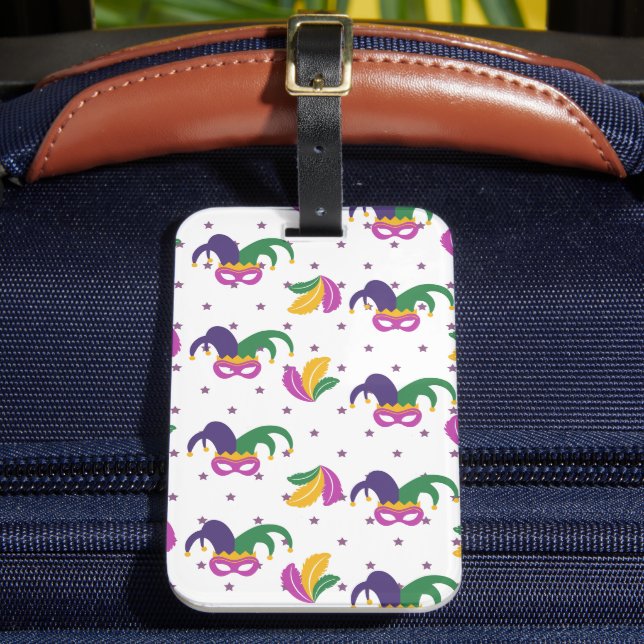 GREEN PURPLE GOLD MARDI GRAS MASKS LUGGAGE TAG (Front Insitu 2)