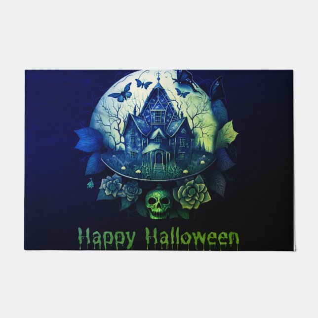 Green Purple Gothic Haunted House Happy Halloween Doormat (Front)