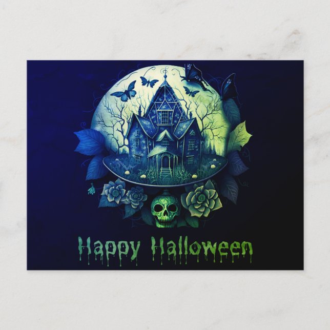 Green Purple Gothic Haunted House Happy Halloween Holiday Postcard (Front)