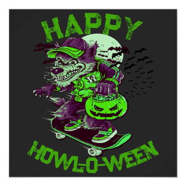 Green Purple Happy Howl-o-ween Wolf Skateboarding Poster (Front)