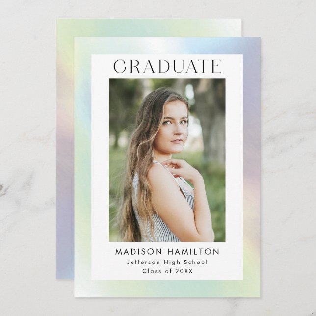 Green & Purple Holographic Photo Graduation Party Invitation (Front/Back)