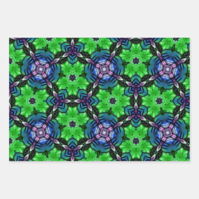Green & Purple Kaleidoscope Fractal Pattern Wrappi Wrapping Paper Sheet (Front)