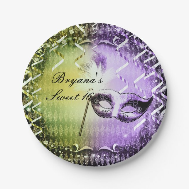 Green & Purple Masquerade Mask Mardi Gras Party Paper Plate (Front)