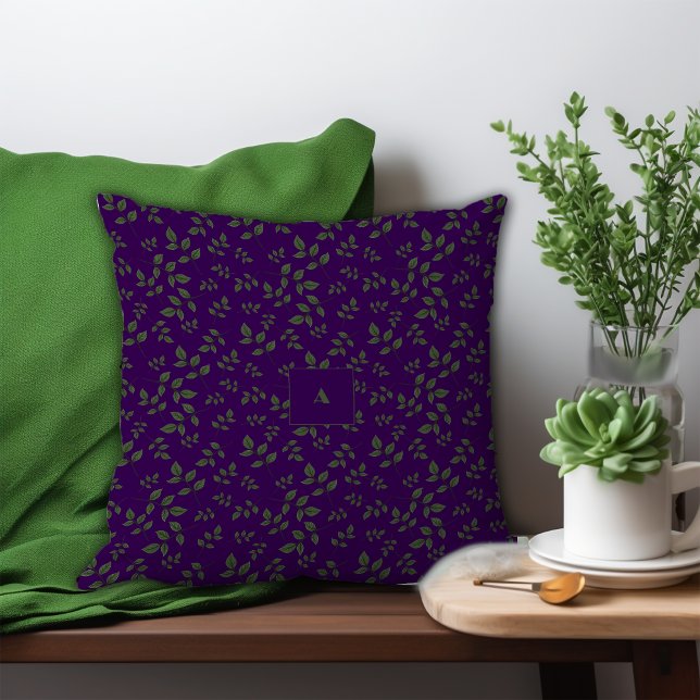 Green purple pattern leaves monogram cushion (Creator Uploaded)