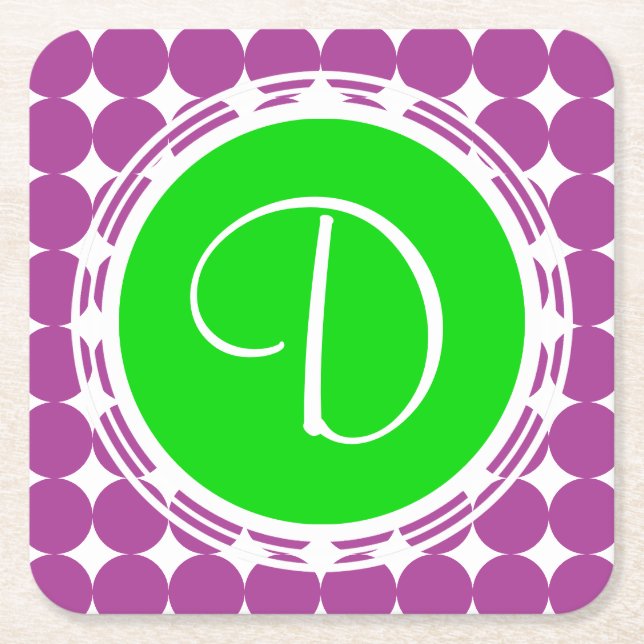 Green & Purple Polka Dot Monogram Square Paper Coaster (Front)