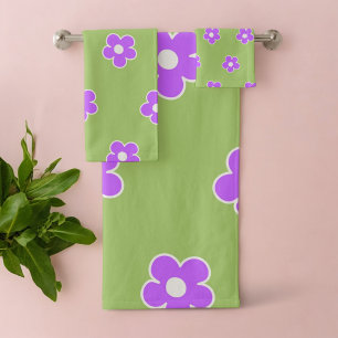 Green Purple Retro Y2K Flower Pattern Bath Towel Set