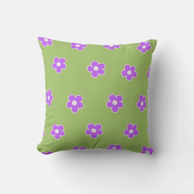 Green Purple Retro Y2K Flower Pattern Cushion (Front)