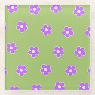 Green Purple Retro Y2K Flower Pattern Glass Coaster