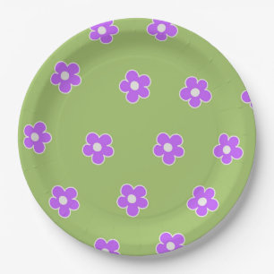 Green Purple Retro Y2K Flower Pattern Paper Plates