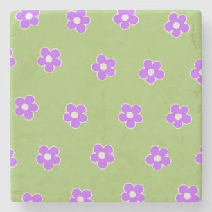 Green Purple Retro Y2K Flower Pattern Stone Coaster