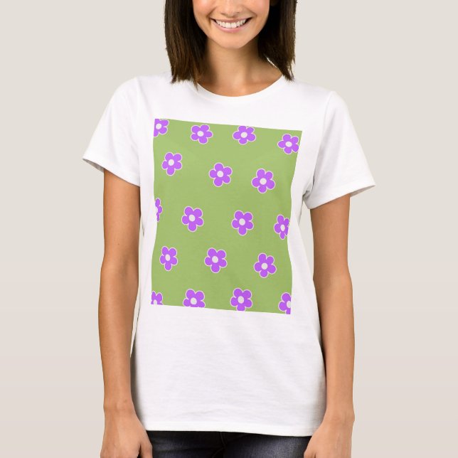 Green Purple Retro Y2K Flower Pattern T-Shirt (Front)