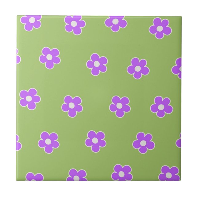 Green Purple Retro Y2K Flower Pattern Tile (Front)