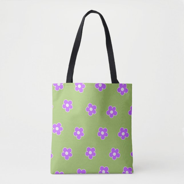 Green Purple Retro Y2K Flower Pattern Tote Bag (Front)