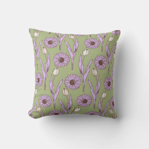 Green Purple Retro Y2K Funky Hippie Flower Pattern Cushion