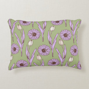 Green Purple Retro Y2K Funky Hippie Flower Pattern Decorative Cushion