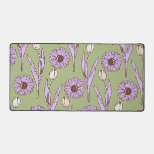 Green Purple Retro Y2K Funky Hippie Flower Pattern Desk Mat