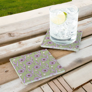 Green Purple Retro Y2K Funky Hippie Flower Pattern Glass Coaster