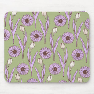 Green Purple Retro Y2K Funky Hippie Flower Pattern Mouse Pad