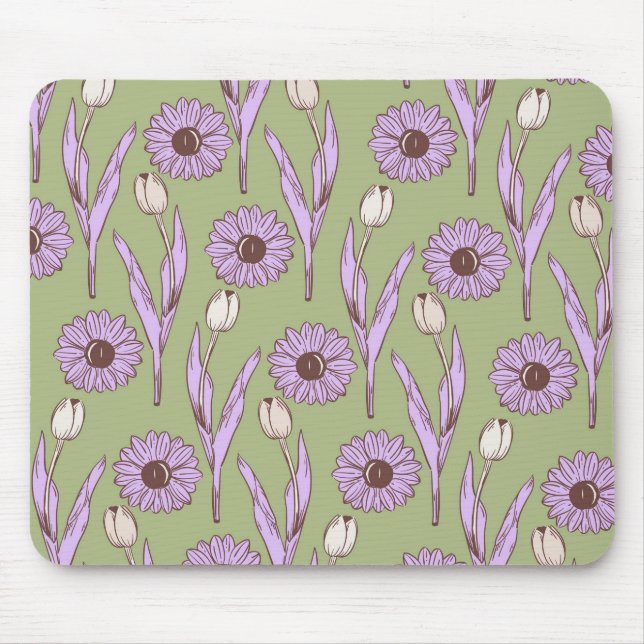 Green Purple Retro Y2K Funky Hippie Flower Pattern Mouse Pad (Front)