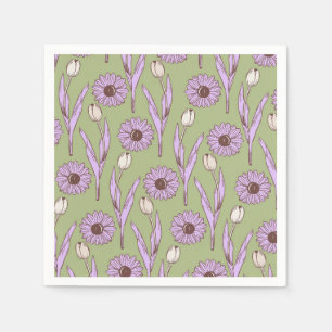 Green Purple Retro Y2K Funky Hippie Flower Pattern Napkin