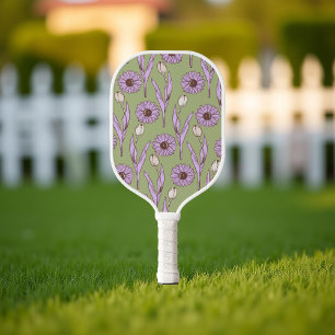 Green Purple Retro Y2K Funky Hippie Flower Pattern Pickleball Paddle