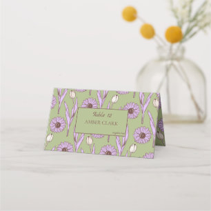 Green Purple Retro Y2K Funky Hippie Flower Pattern Place Card