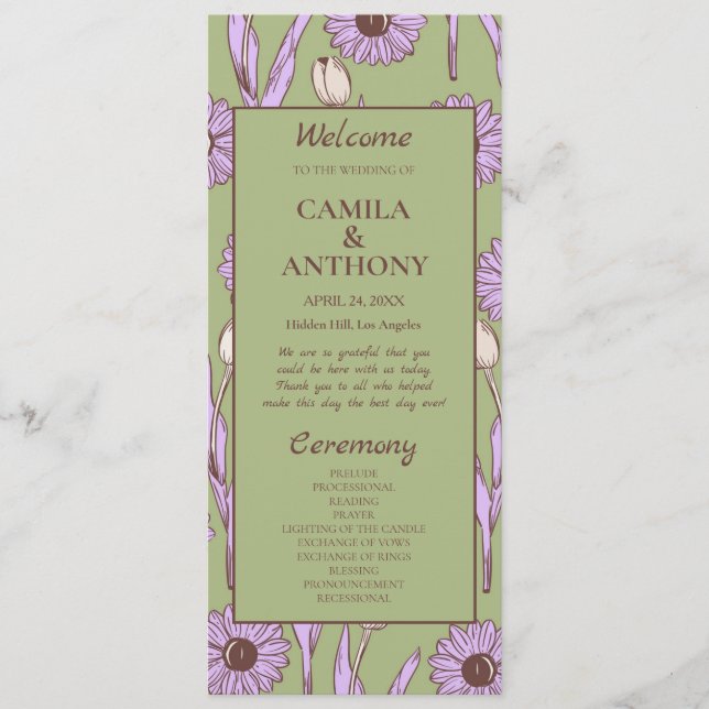 Green Purple Retro Y2K Funky Hippie Flower Pattern Programme (Front)